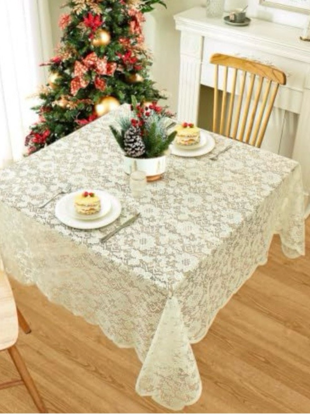 Neutral Lace Tablecloth - Elegant Cream Dining Accent